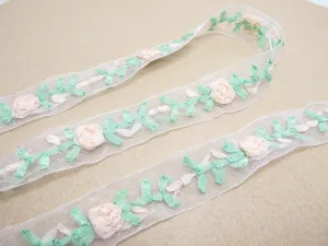 1 1/16 Inches Embroidered Floral Chiffon Ribbon Trim|Flowers with Green Leaves|Unique|Colorful|Woven Chiffon Organza Ribbon|Decorative