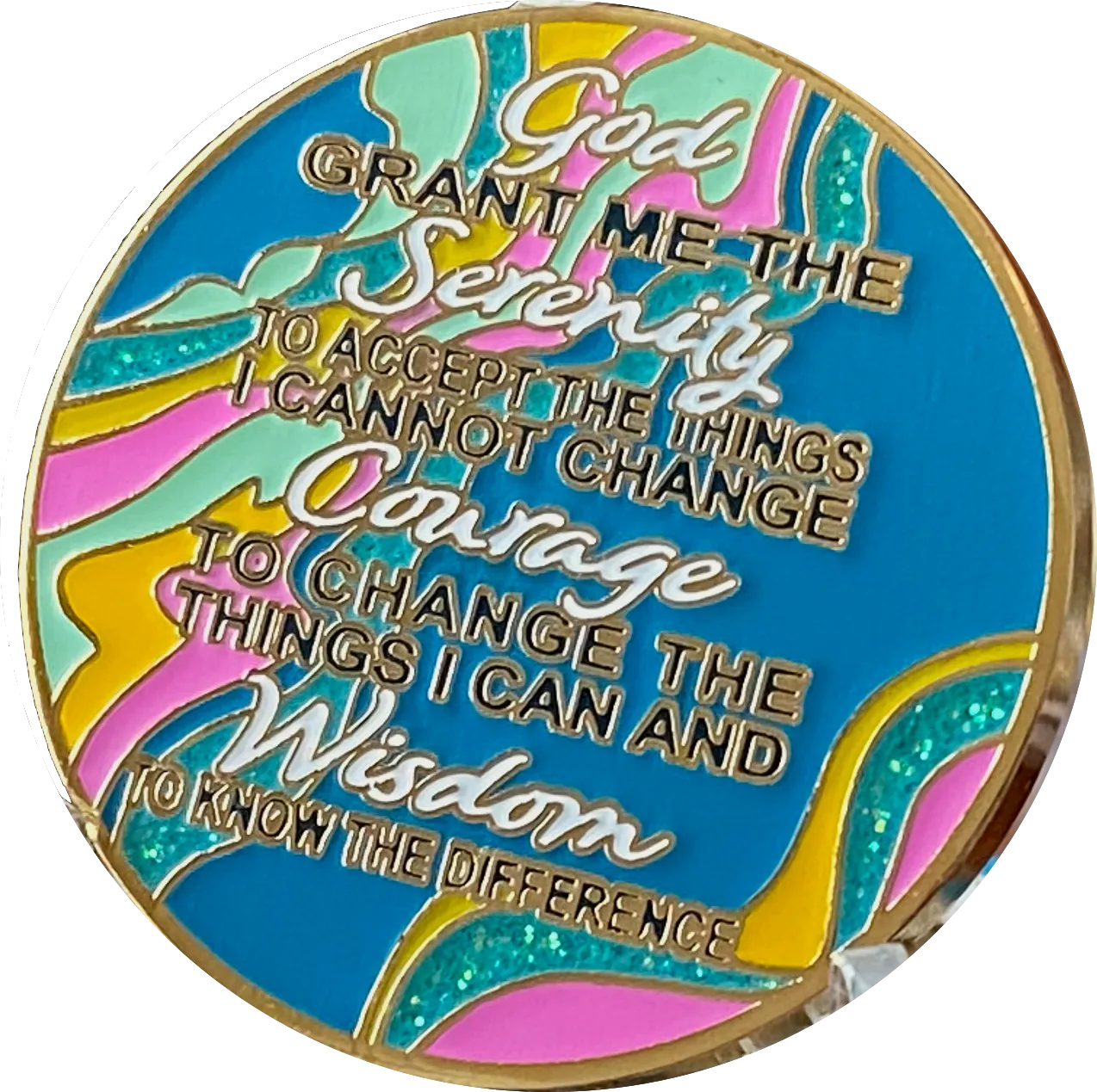 8 Year AA Medallion Elegant Tahiti Teal Blue and Pink Marble Gold Sobriety Chip