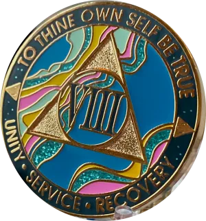 8 Year AA Medallion Elegant Tahiti Teal Blue and Pink Marble Gold Sobriety Chip