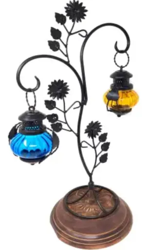 Attractive Glass With Metal Candle Stand Lantern (Yellow & Blue)