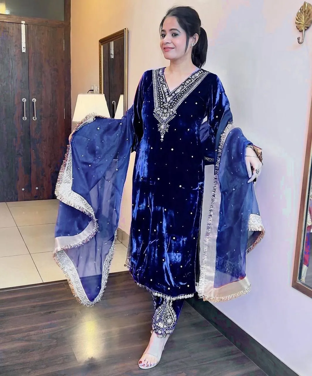 Blue Heavy Pure Viscose Velvet Top with Plazzo & Dupatta Set - Embroidery, Sequence Work, and Rivet Moti Accents