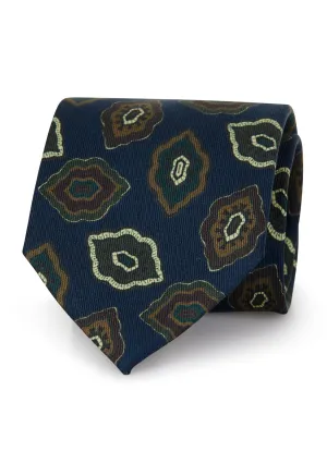 Blue tie with beige and brown printed vintage pattern