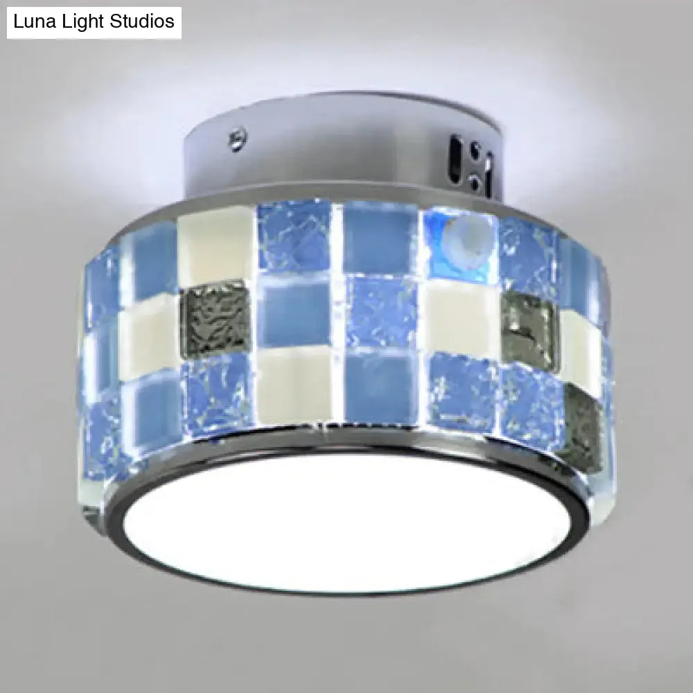 Blue Tiffany Style Mosaic Glass Ceiling Light Fixture - Round Flush Mount for Dining Room