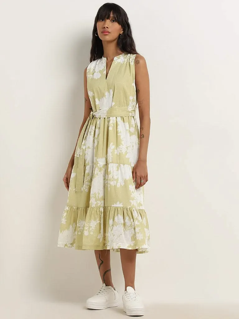 Bombay Paisley Sage Floral Printed Tiered Dress with Belt