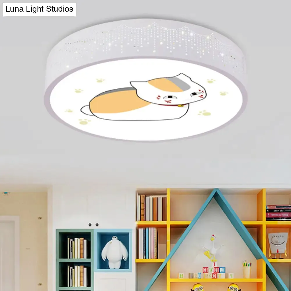 Cartoon Cat LED Flushmount Light for Kids Room Ceiling in Blue/White