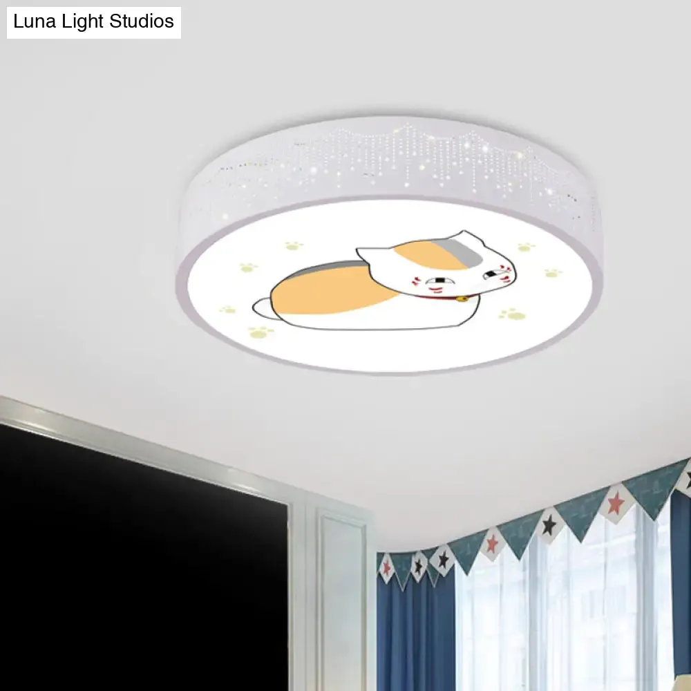 Cartoon Cat LED Flushmount Light for Kids Room Ceiling in Blue/White