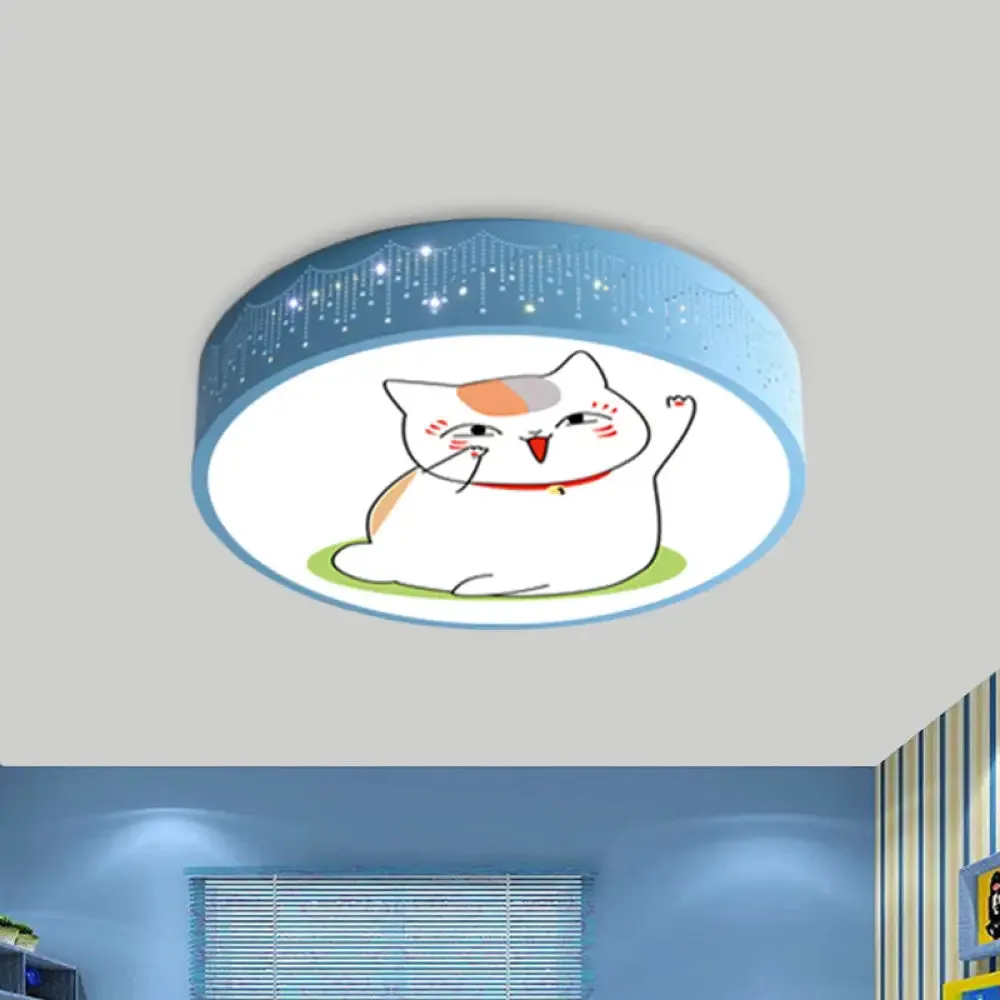 Cartoon Cat LED Flushmount Light for Kids Room Ceiling in Blue/White