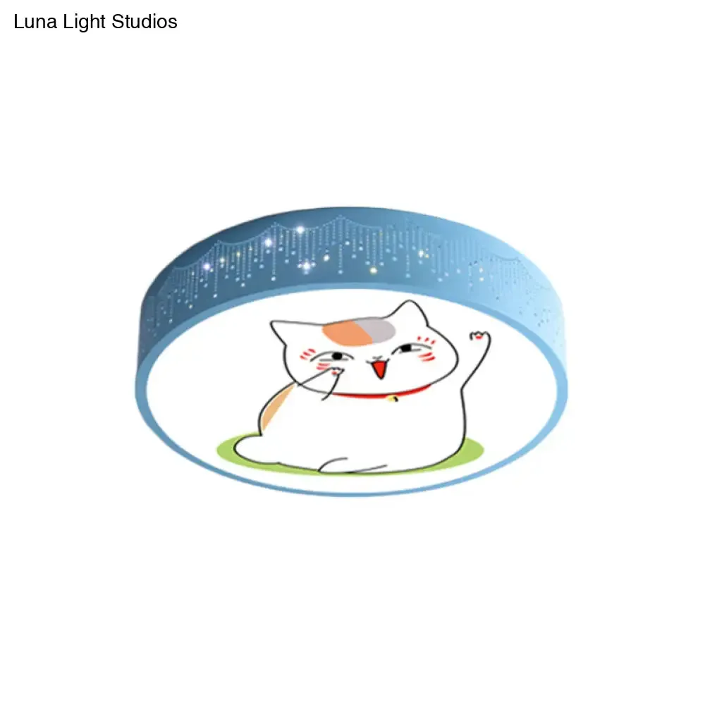 Cartoon Cat LED Flushmount Light for Kids Room Ceiling in Blue/White