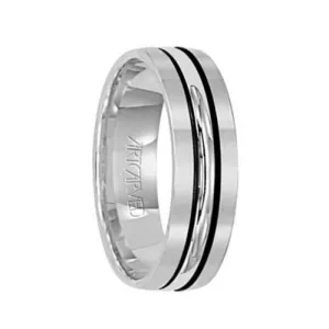 CASTLE 14k White Gold Wedding Band with Modern Black Linear Center Brushed Finish Rolled Edges by Artcarved - 6 mm