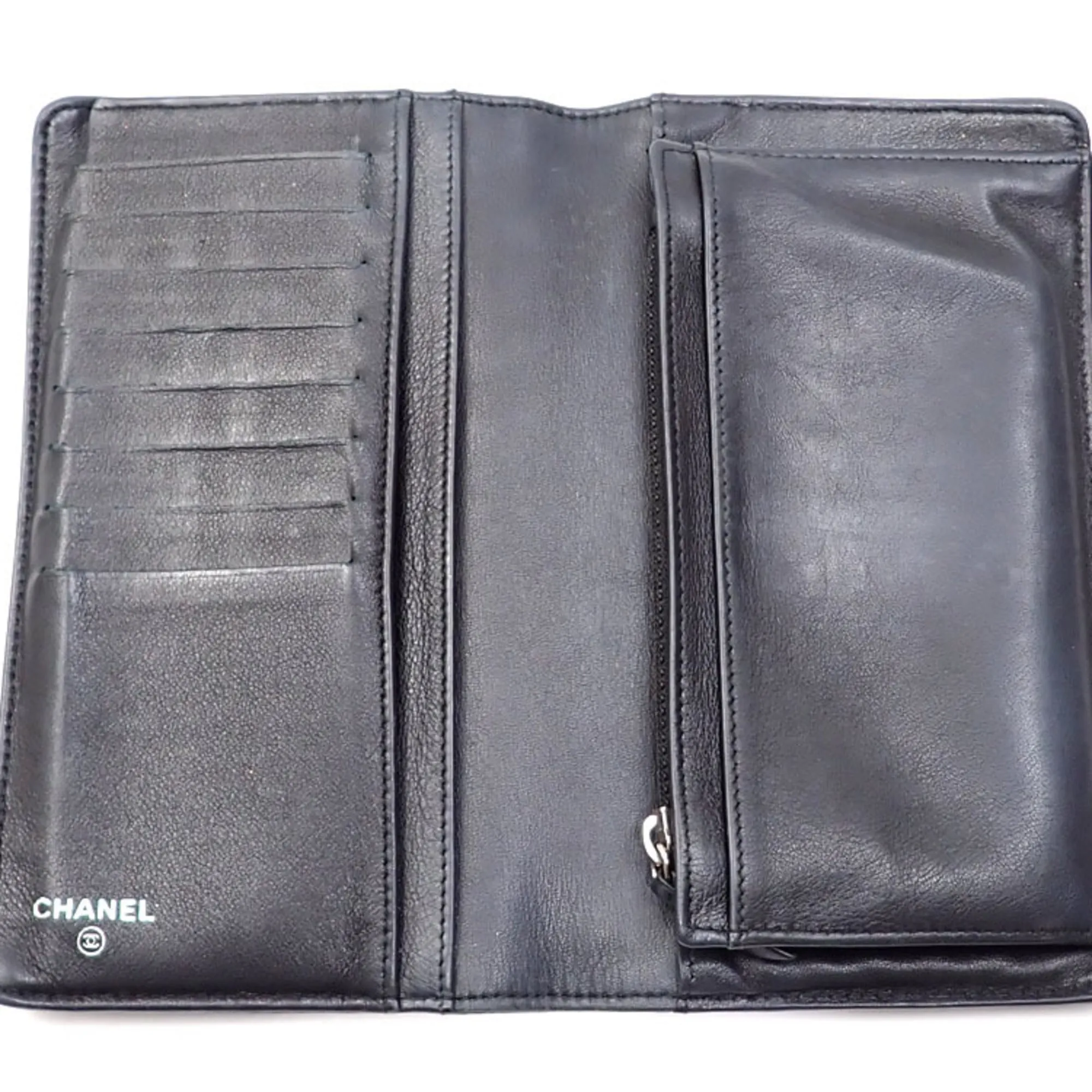 CHANEL Bifold Long Wallet Women's Black Caviar Skin Coco Mark