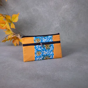 Cotton Multizip Purse Blue with Mustered Prints