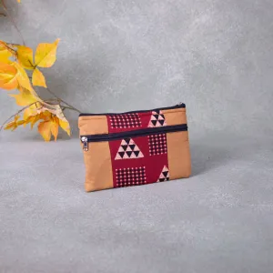 Cotton Multizip Purse Mustered with Brown Triangle Design