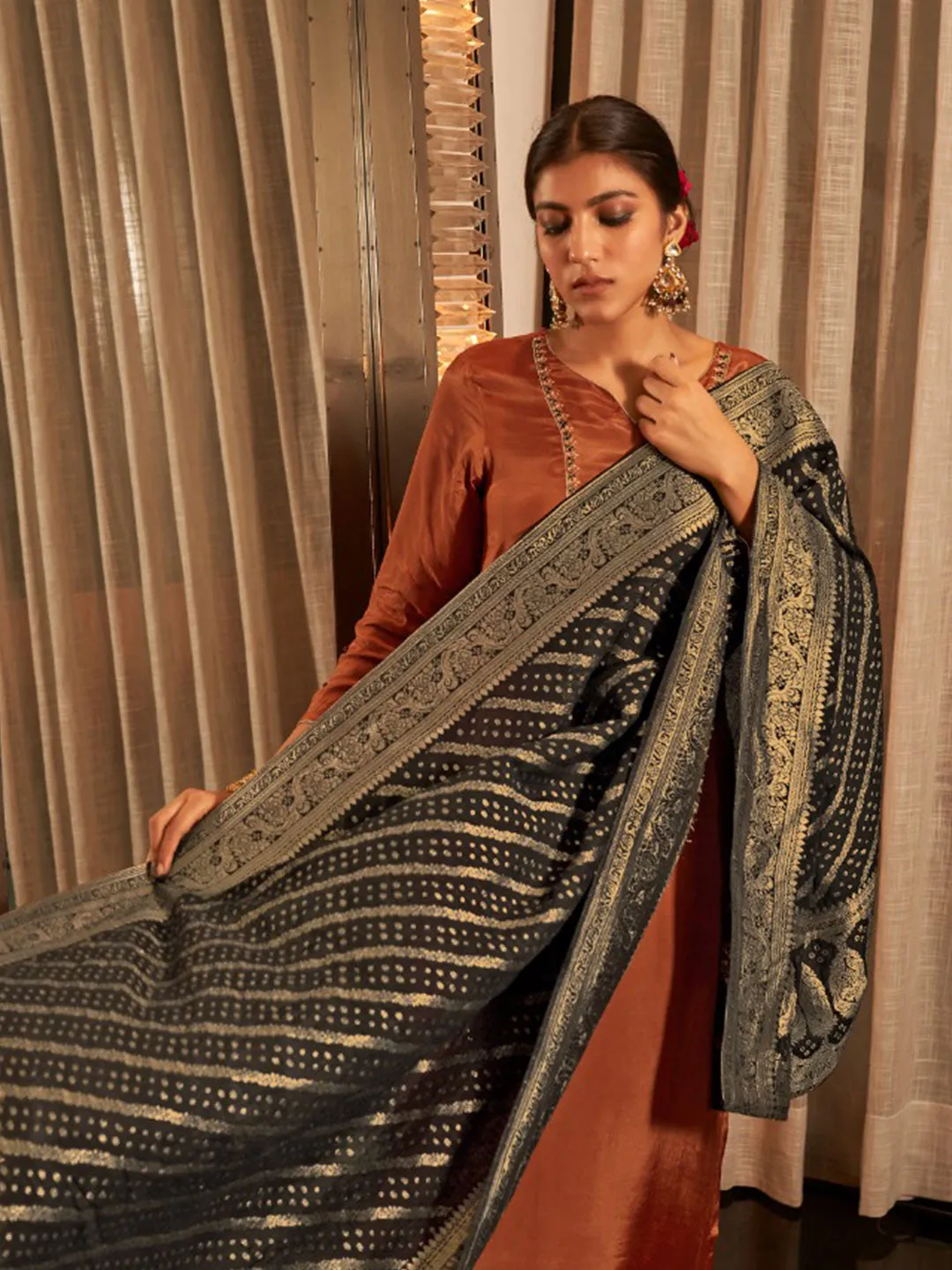 Delightful Caramel Brown & Black Pure Viscose Silk Kurti Pant Set Enriched With Woven Jacquard Bandhani Dupatta