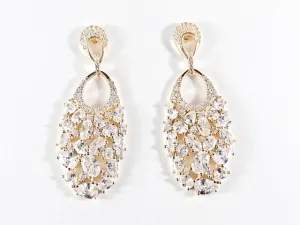 Elegant Multi Shape CZ Fill Pattern Gold Tone Dangle Silver Earrings