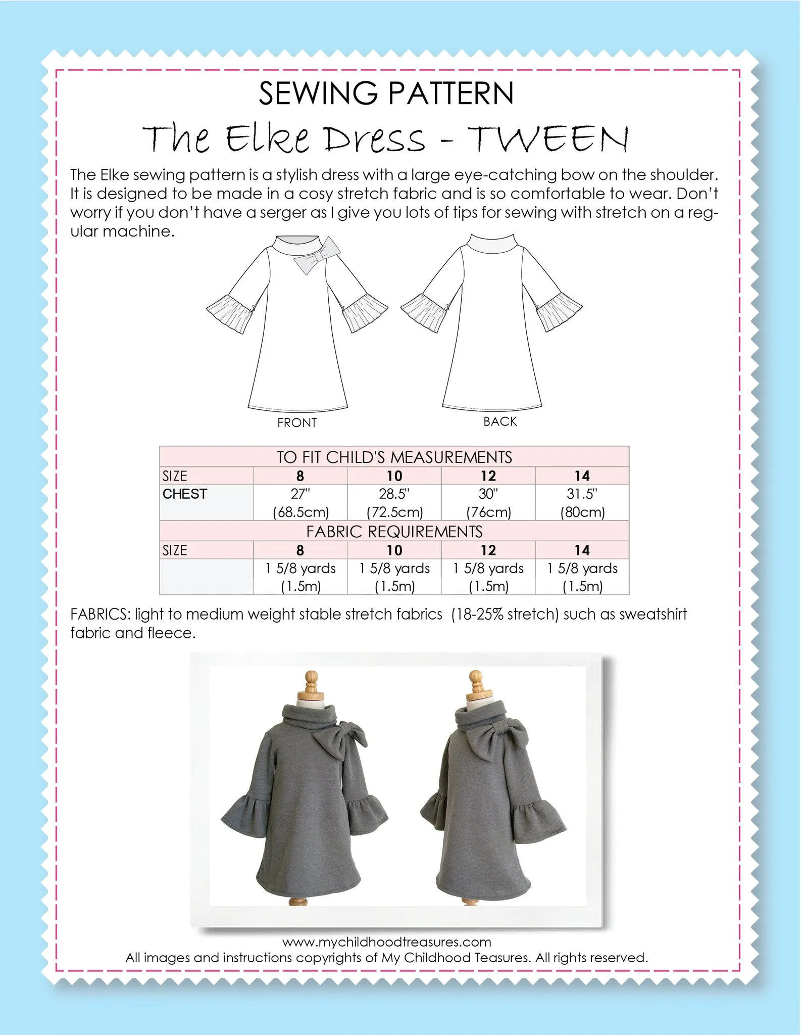 ELKE - Girls Dress Pattern (2-10)(8-14)