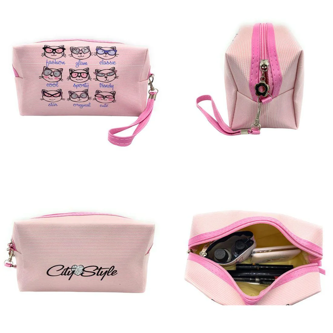 Empire Cove Womens 3 Piece Gift Set Cat Cosmetic Bag Makeup Pouch Mirror Coin Purse