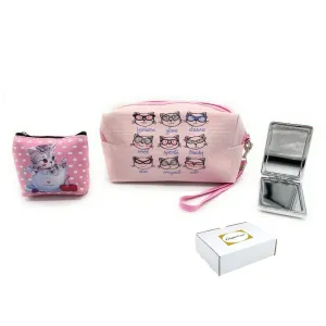 Empire Cove Womens 3 Piece Gift Set Cat Cosmetic Bag Makeup Pouch Mirror Coin Purse