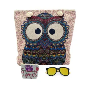 Empire Cove Womens 3 Piece Gift Set Owl Beach Tote Bag Coin Pouch Sunglasses Travel