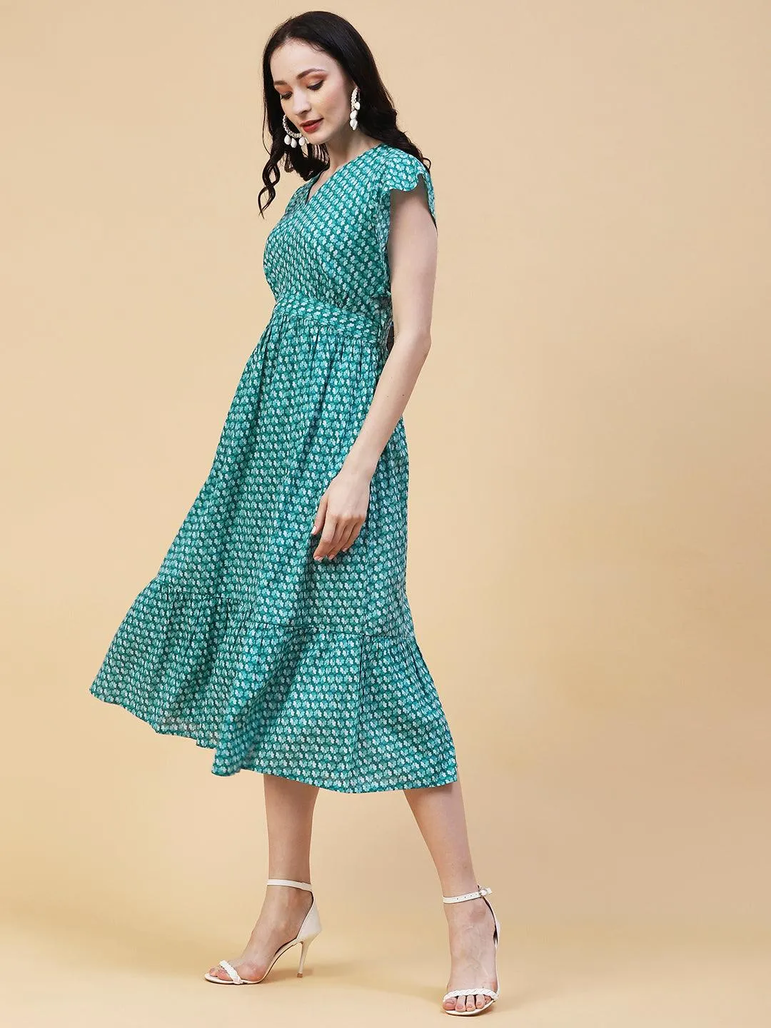 Ethnic Floral Printed Fit & Flare Midi Dress - Turquoise Blue