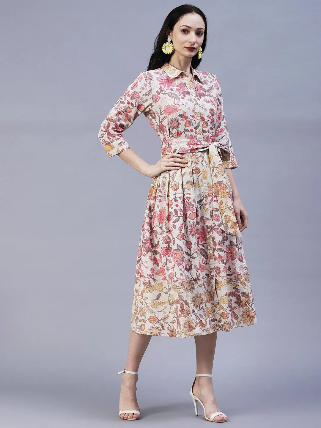 Floral Printed A-Line Box Pleated Midi Dress - Off White