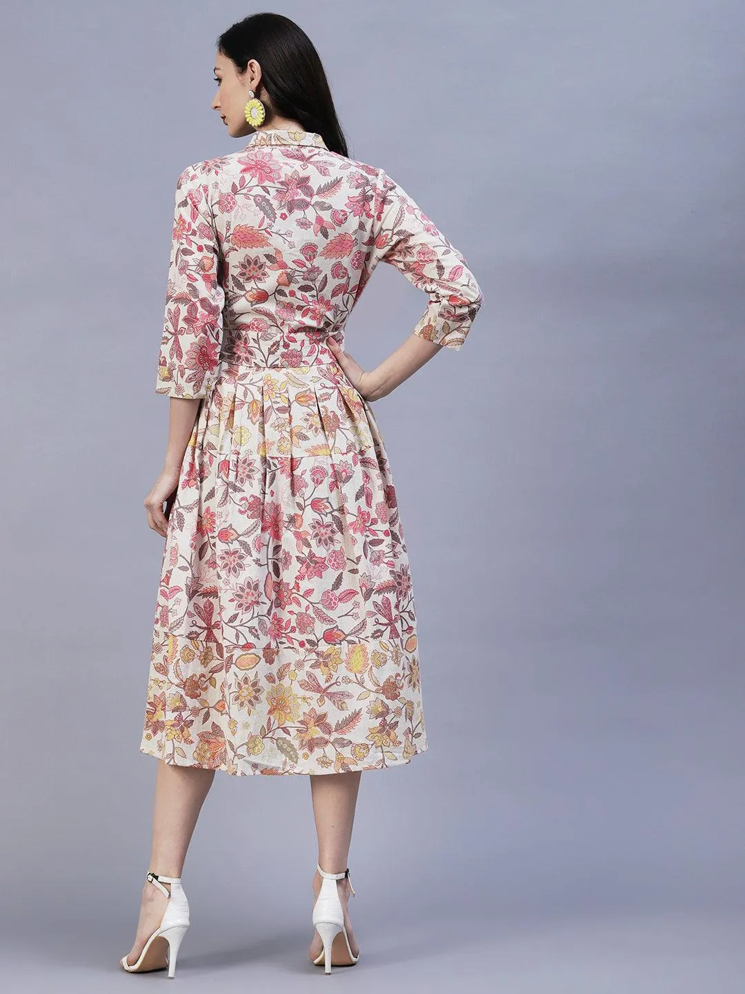 Floral Printed A-Line Box Pleated Midi Dress - Off White