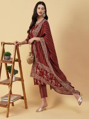 Floral Printed & Embroidered Straight Kurta with Palazzo & Dupatta - Maroon