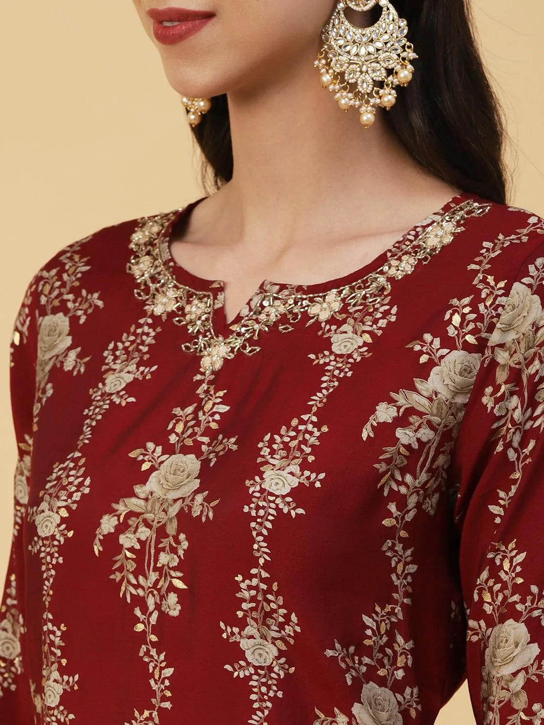 Floral Printed & Embroidered Straight Kurta with Palazzo & Dupatta - Maroon