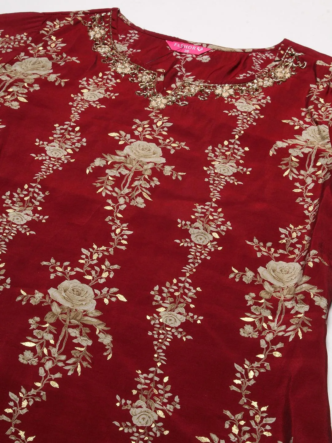 Floral Printed & Embroidered Straight Kurta with Palazzo & Dupatta - Maroon