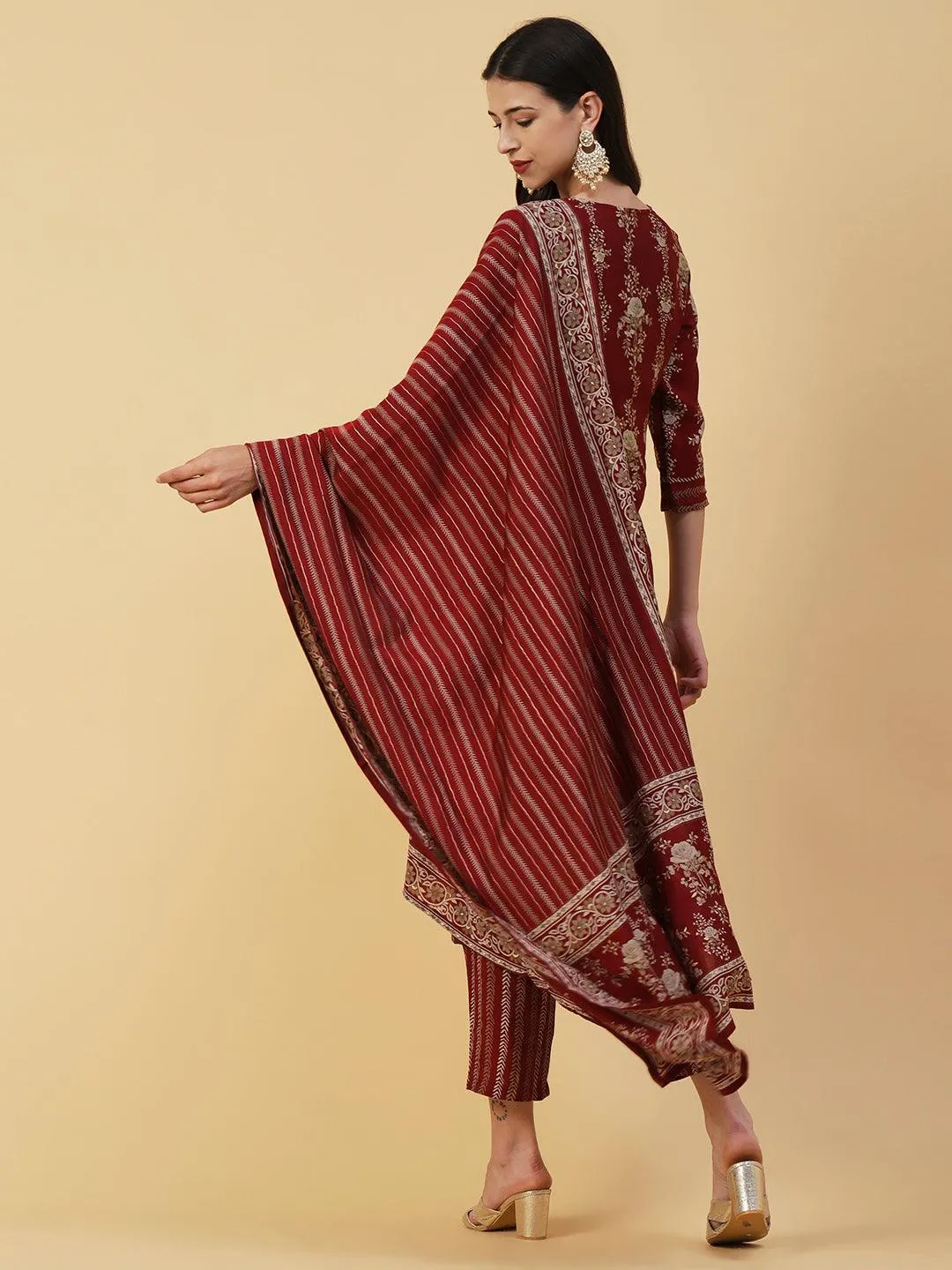 Floral Printed & Embroidered Straight Kurta with Palazzo & Dupatta - Maroon