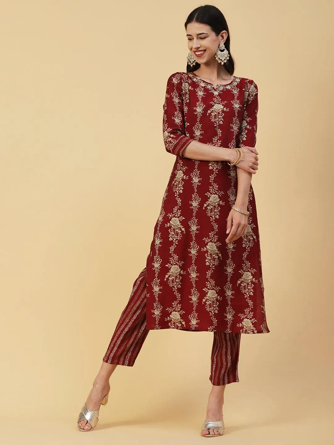 Floral Printed & Embroidered Straight Kurta with Palazzo & Dupatta - Maroon