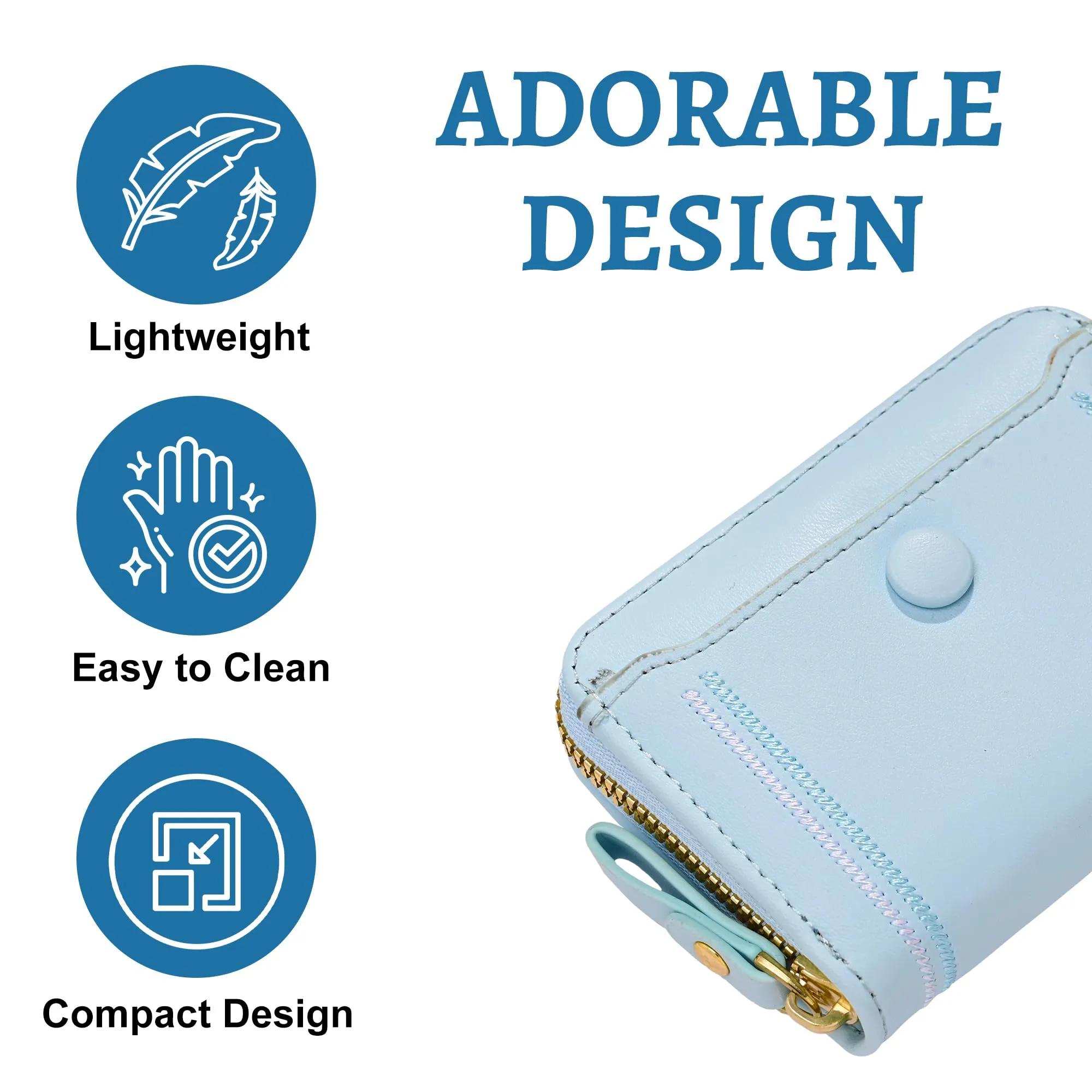 Kuber Industries PU Embroidered Thread Work Credit Card Case Holder Purse, Coin Pocket Wallet for Women | Cute Mini Wallet for Girls | Hand Wallet for College Girls | KS-2, Light Blue