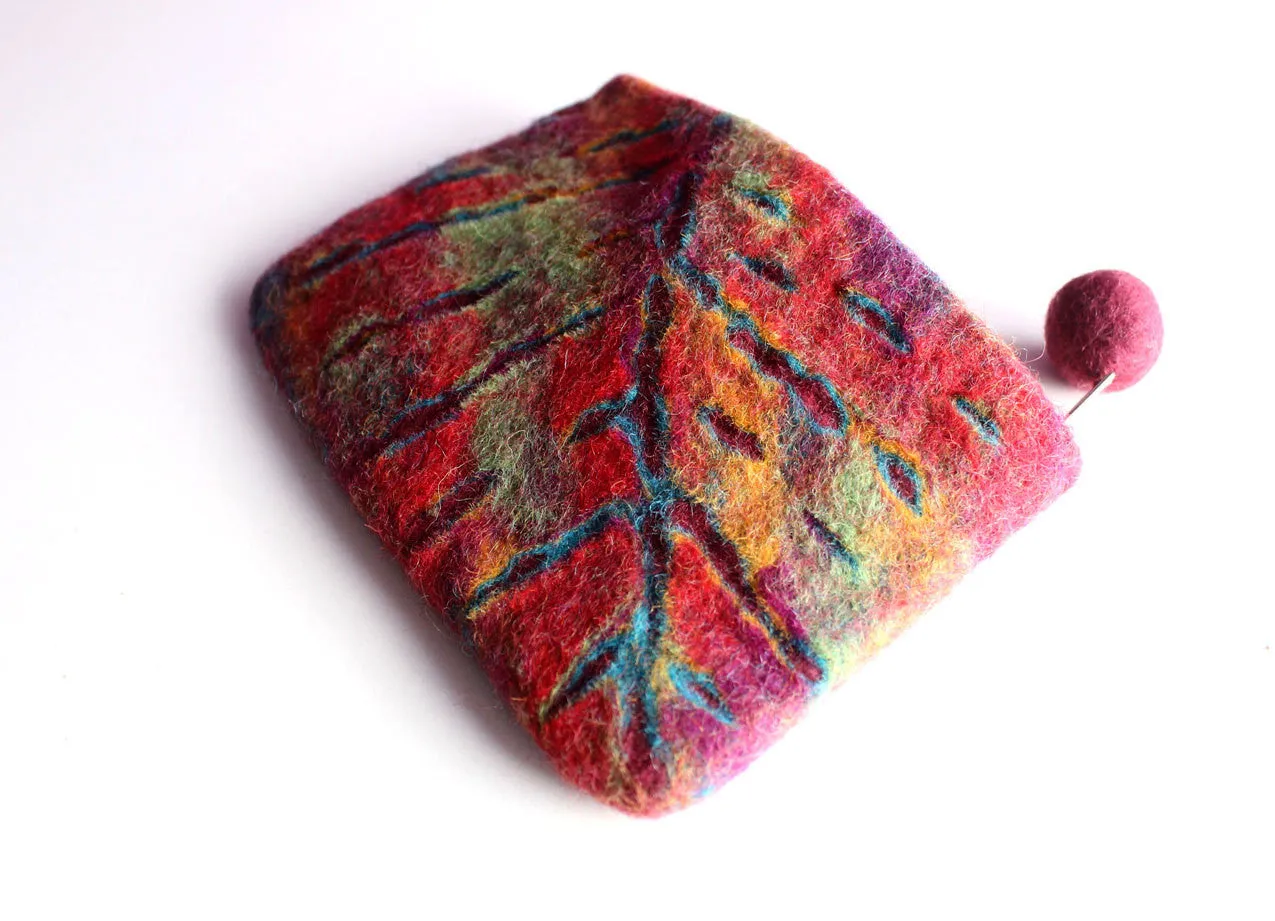 Leaf Pattern Zipper Felt Coin Purse