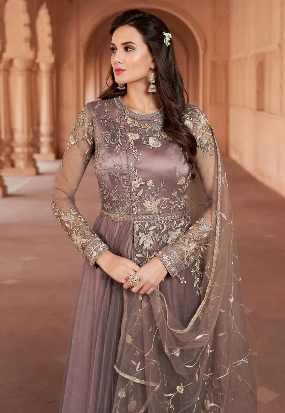 Light Purple Multi Embroidered Net Anarkali Suit