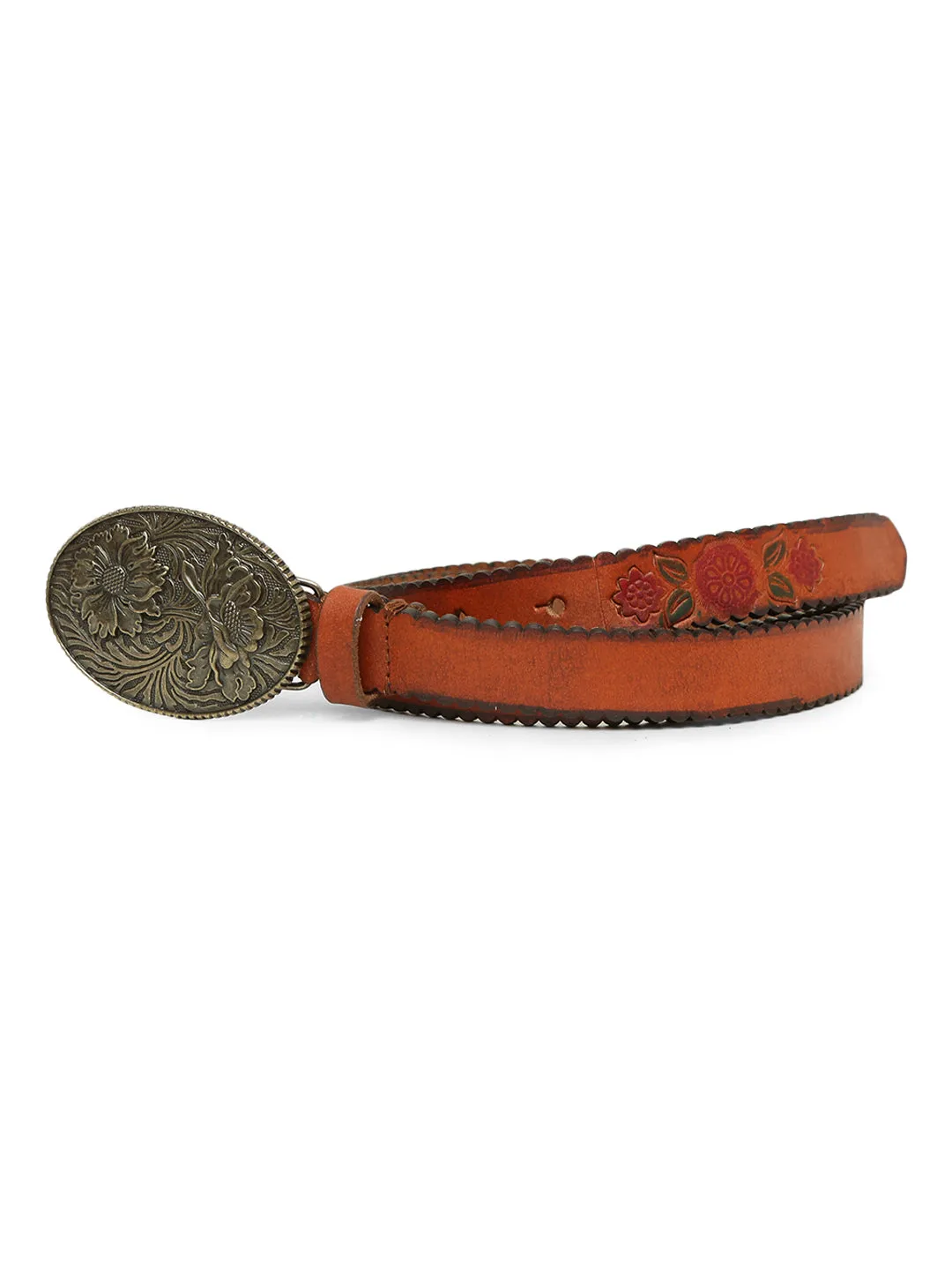 Mesmerizing Tan Flower Printed Hand-tooled Design Belt