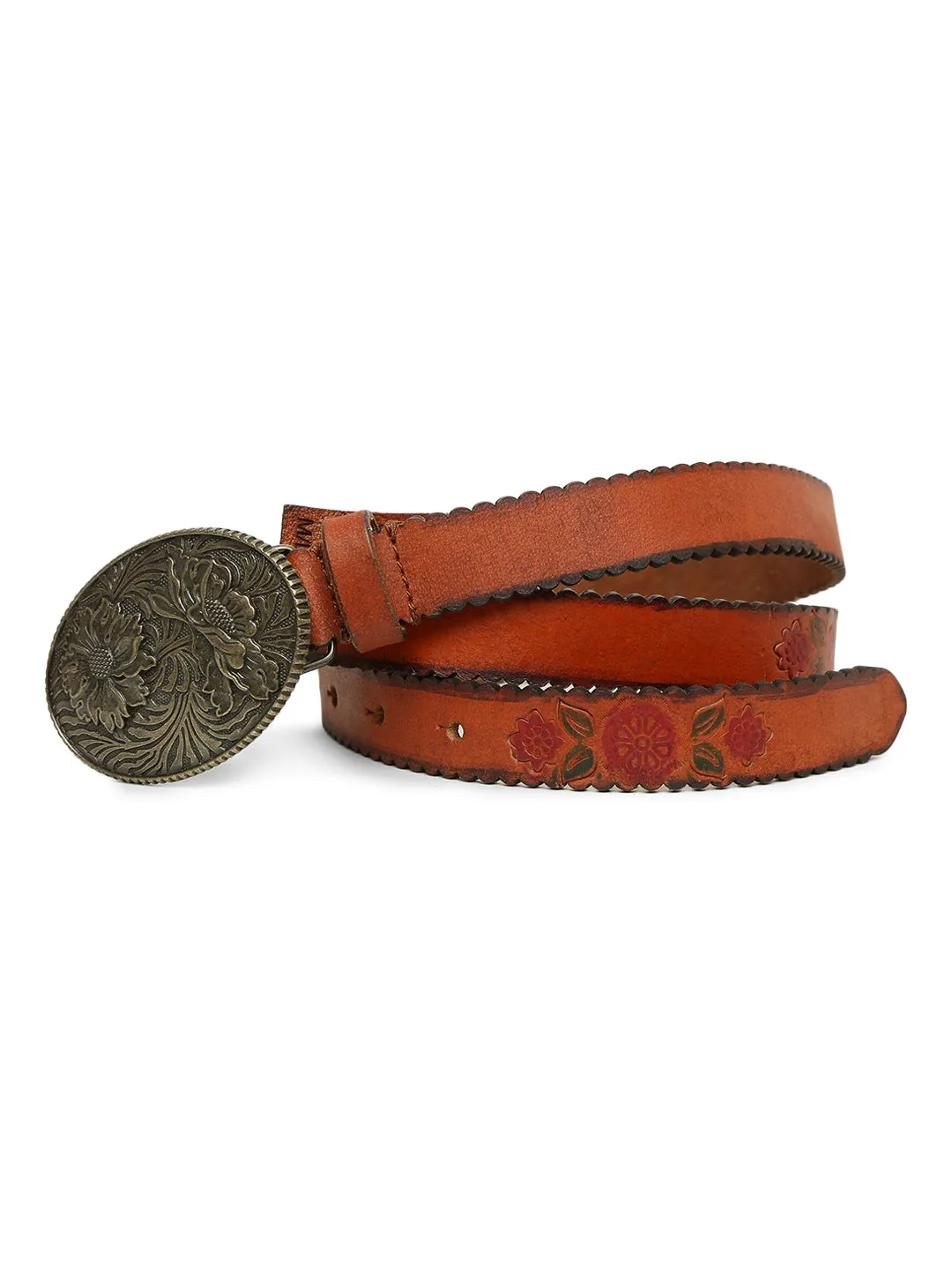 Mesmerizing Tan Flower Printed Hand-tooled Design Belt