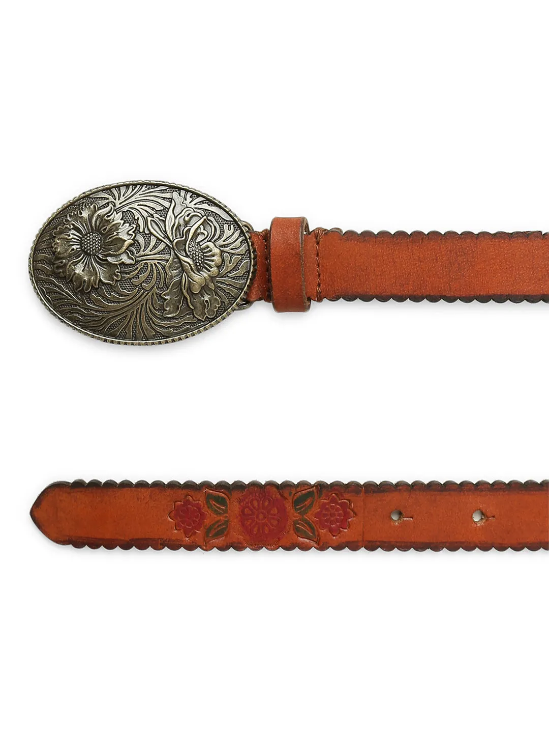 Mesmerizing Tan Flower Printed Hand-tooled Design Belt