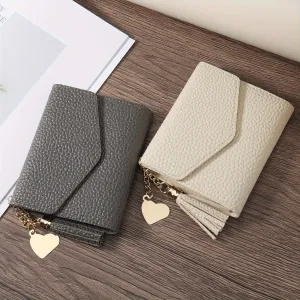 Metal Heart Tassel Small Wallet Bifold Womens Faux Leather Purse