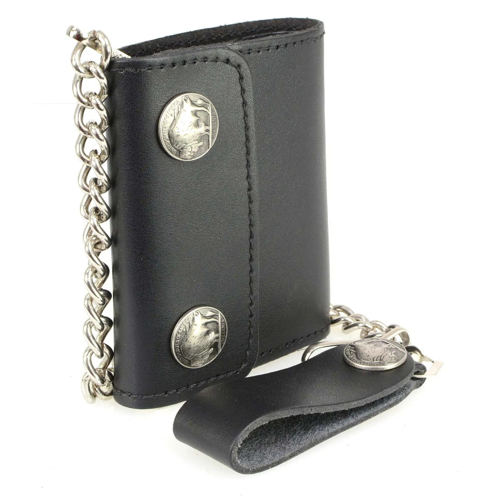 Milwaukee Leather MLW7821 Men's 4” Leather Biker Tri-Fold Wallet w/Buffalo Nickel Snaps Wallet w/ Anti-Theft Stainless Steel Chain