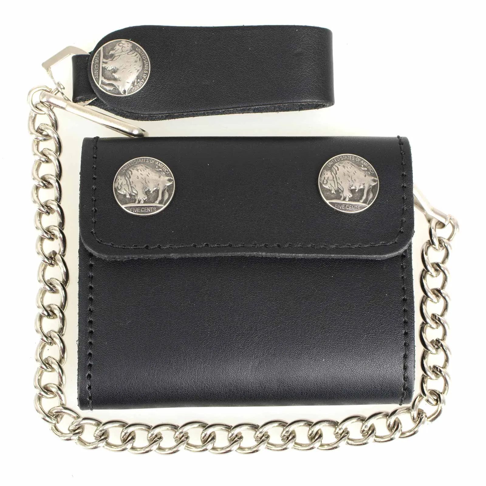 Milwaukee Leather MLW7821 Men's 4” Leather Biker Tri-Fold Wallet w/Buffalo Nickel Snaps Wallet w/ Anti-Theft Stainless Steel Chain