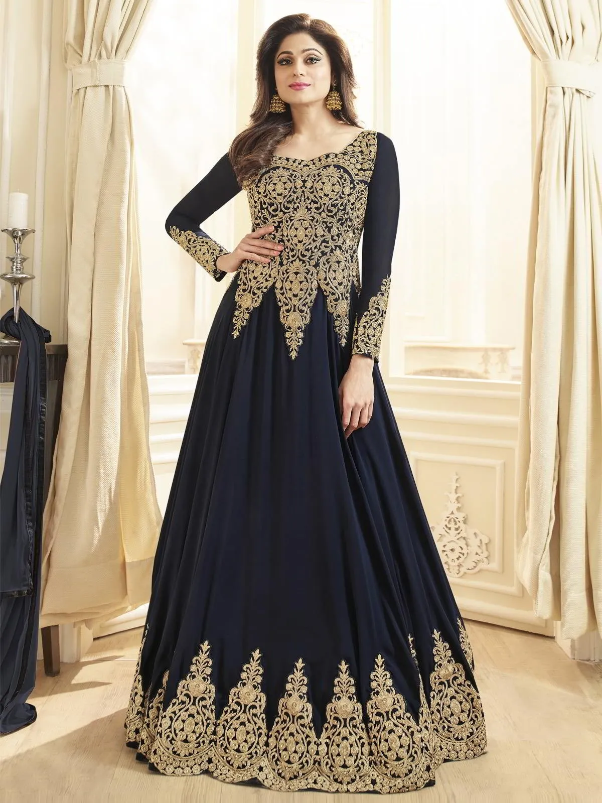 Navy Blue With Golden Detail Flared Anarkali Suit