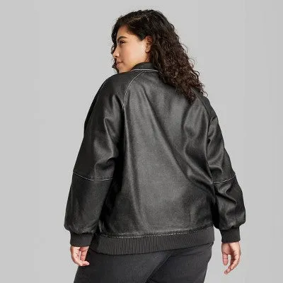 New - Women's Distressed Faux Leather Bomber Jacket - Wild Fable Black XXL