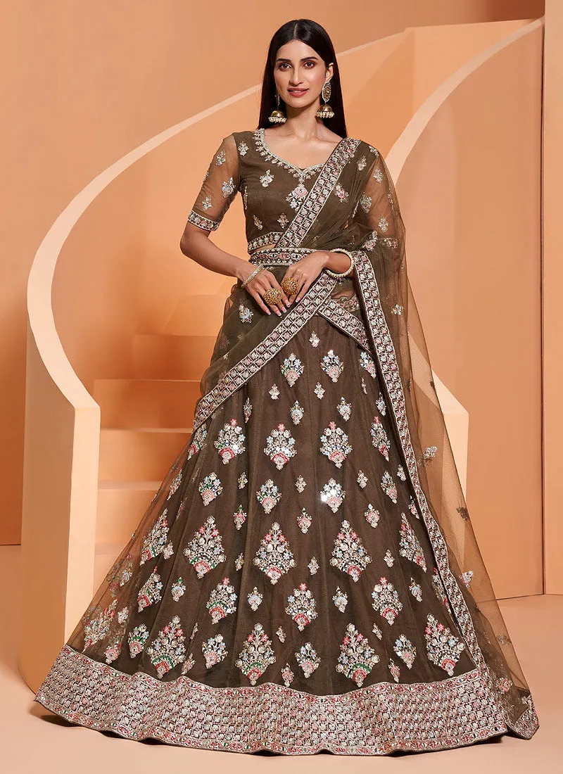 Olive Green Embroidered Wedding Lehenga Choli