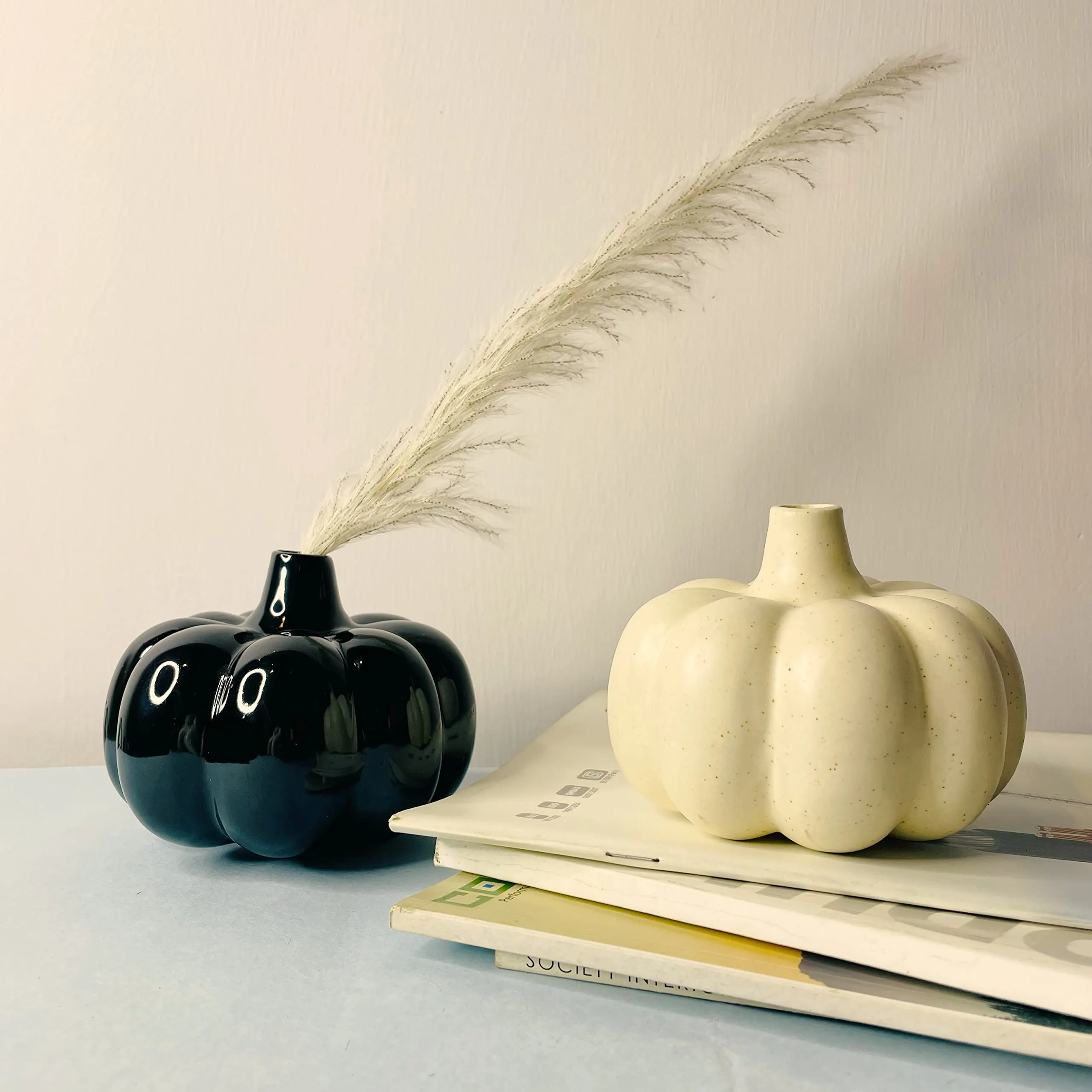 Praahi Lifestyle Handmade Ceramic Pumpkin vase - Set of 2 -Black & White - Modern Home - Office Table Decor vases - Living Room Center Table Ceramic Pot