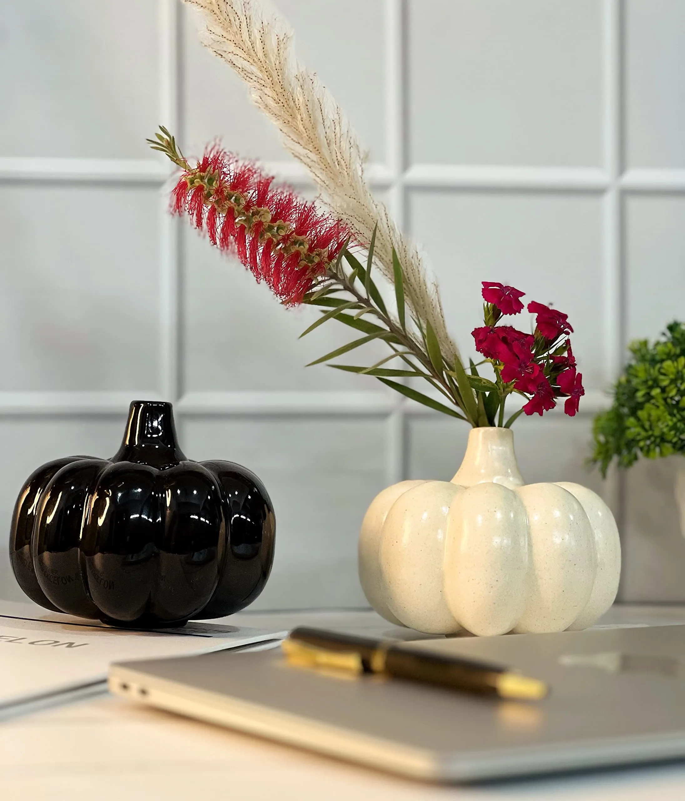 Praahi Lifestyle Handmade Ceramic Pumpkin vase - Set of 2 -Black & White - Modern Home - Office Table Decor vases - Living Room Center Table Ceramic Pot