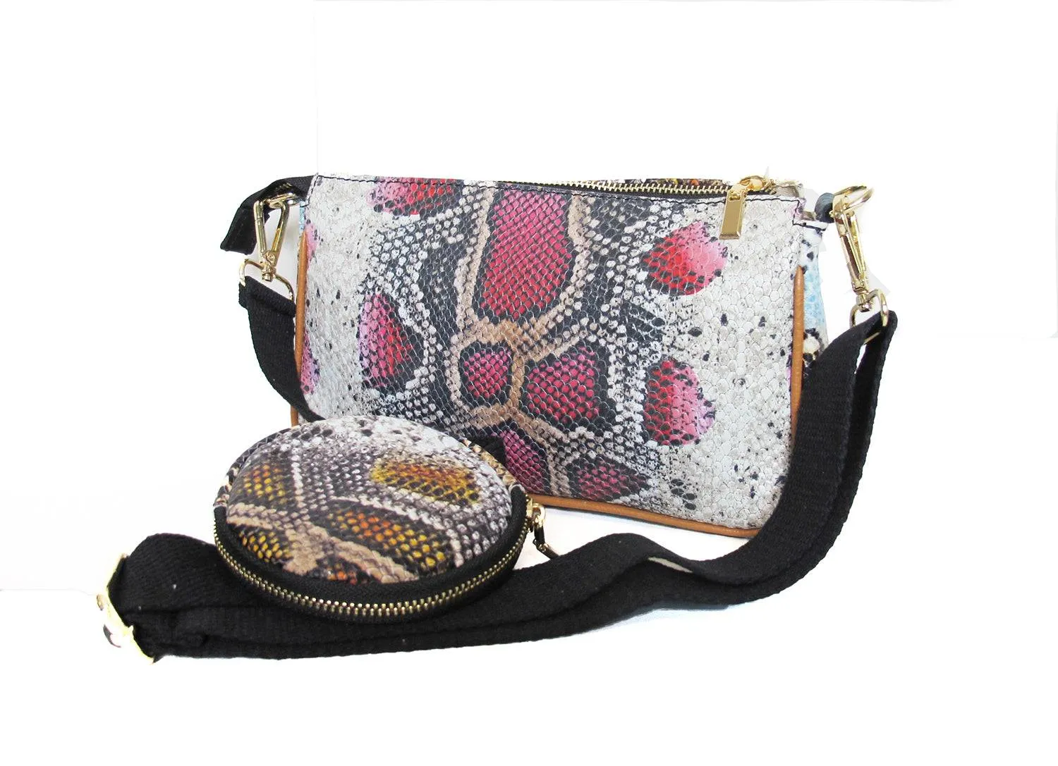 Python Embossed Multi-Color Leather Handbag Set Italian Crafted with Detachable Purse