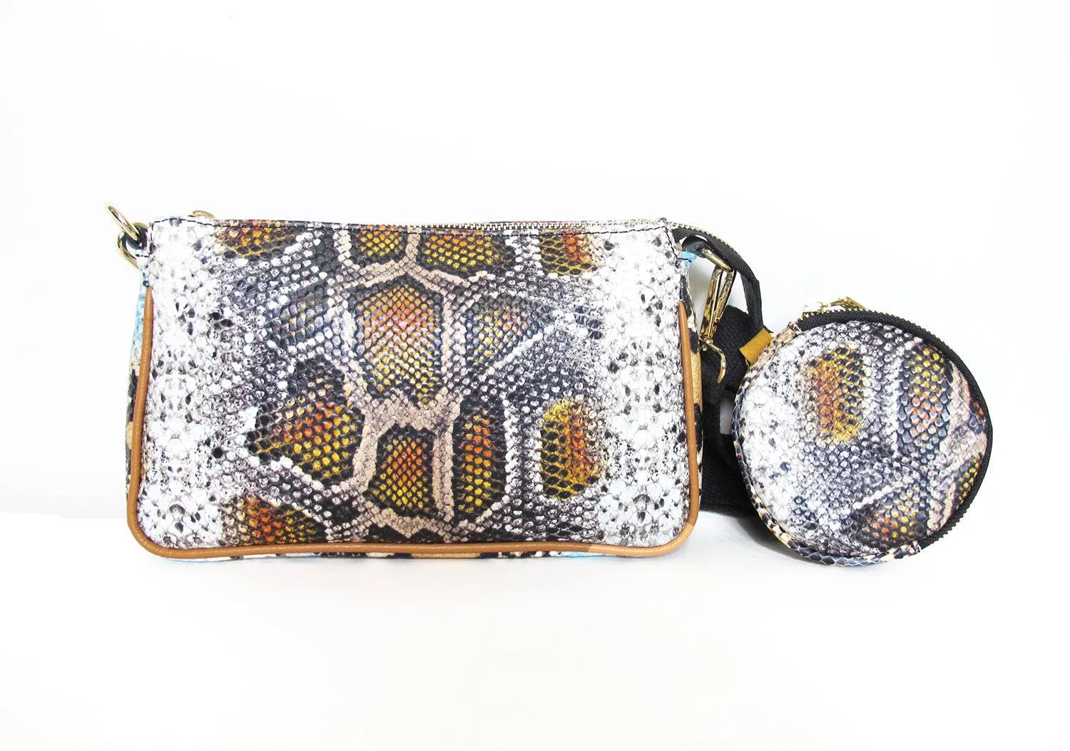 Python Embossed Multi-Color Leather Handbag Set Italian Crafted with Detachable Purse