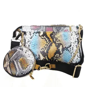 Python Embossed Multi-Color Leather Handbag Set Italian Crafted with Detachable Purse