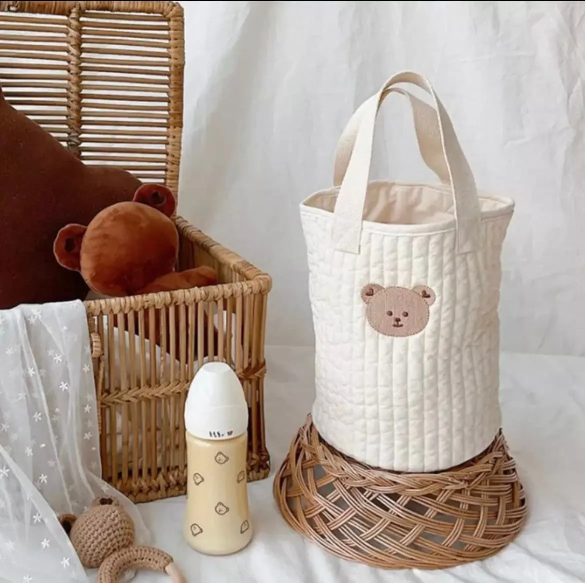 Quilted Baby Bag, Stylish Diaper Bucket  bag, Small Baby Diaper Bag , Mummy Bag,  Embroidered Quilted Nappy Bag, Pram Bag, Teddy Bear bag