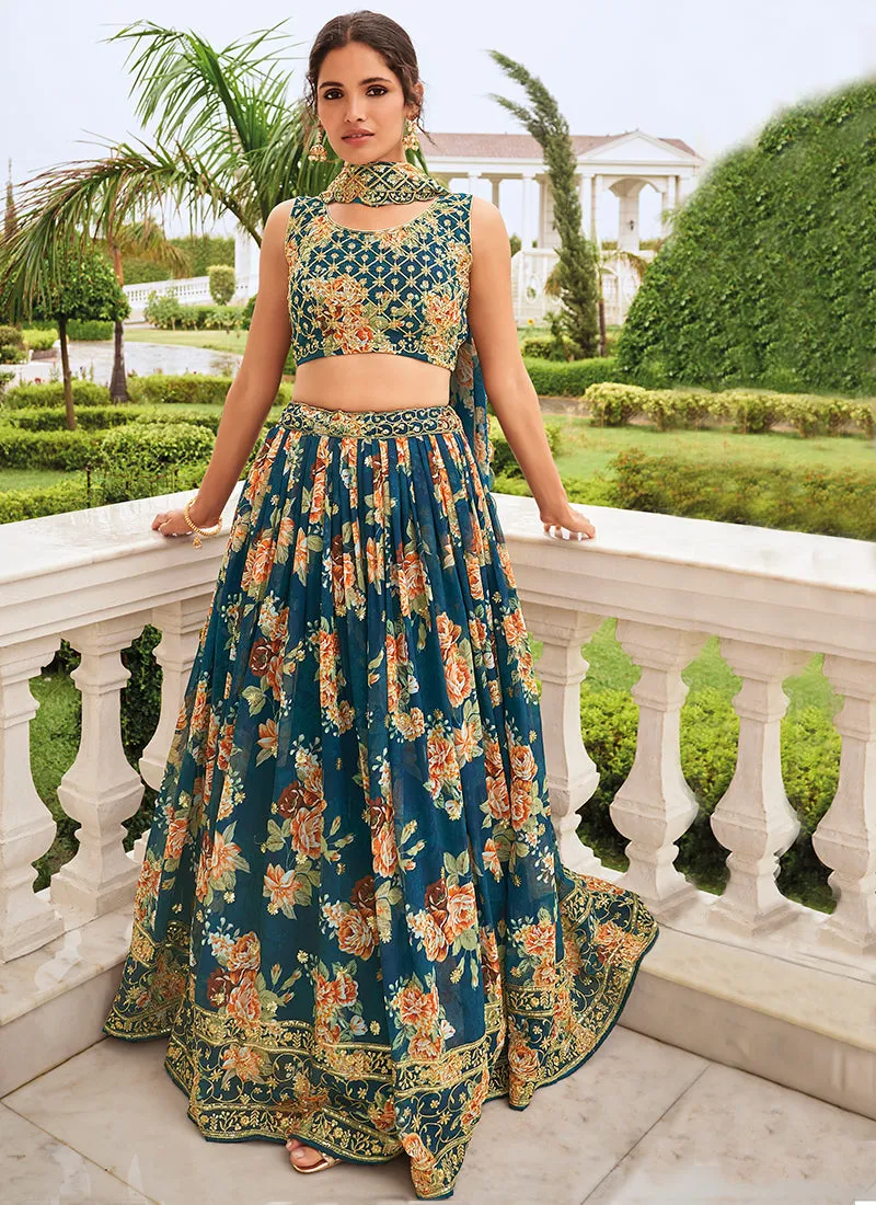 Royal Blue Sequence Embroidery Floral Printed Lehenga Choli