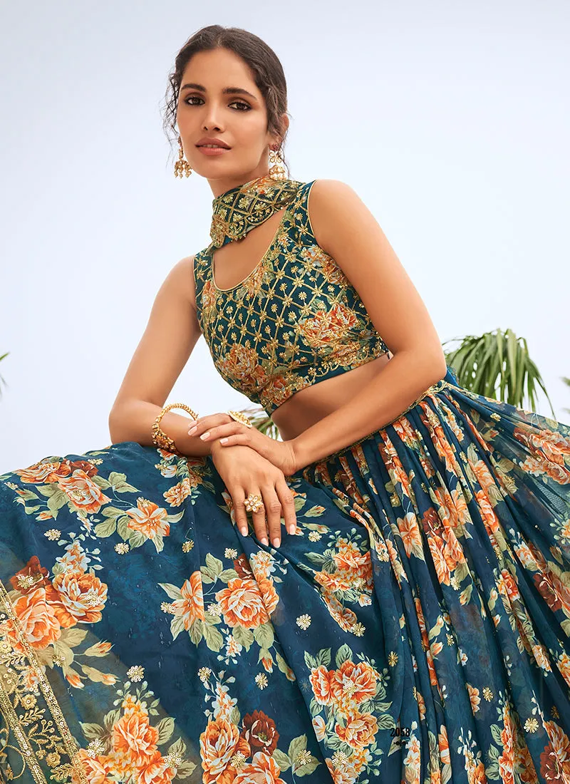 Royal Blue Sequence Embroidery Floral Printed Lehenga Choli